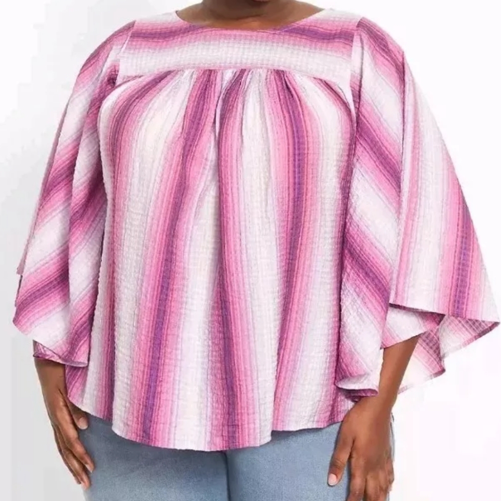 Lane Bryant Batwing Poncho Top Woman Plus 22/24W Crinkle Purple Striped Coastal